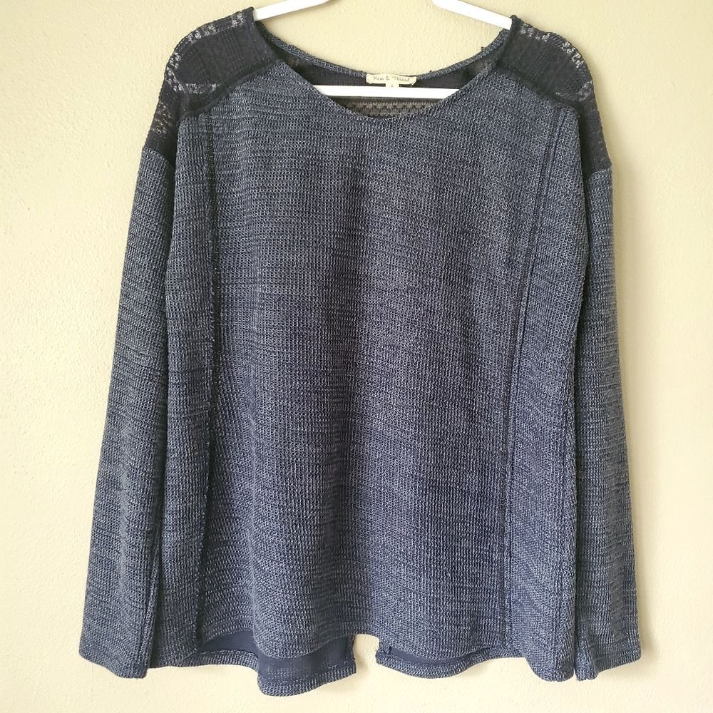 Hem & Thread Womens Large Blue Knit Long Sleeve Lace Yoke Sheer Sweater Top